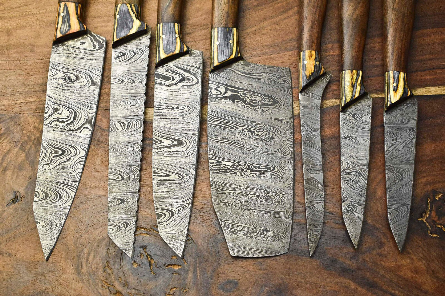 Lot Of 7 Handmade Damascus Steel Chef Knives Set Hammered Full Tang Blades 100 Unique 2