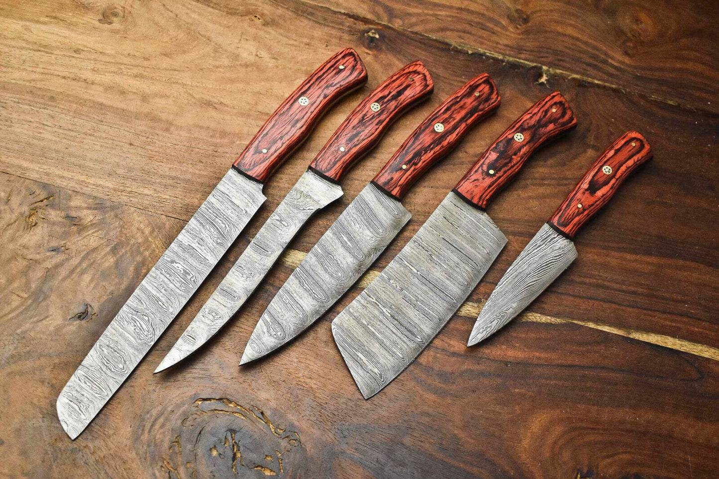 Custom Damascus Steel Chef Knife Set Of 5 Handmade Full Tang Hammered Blades 3