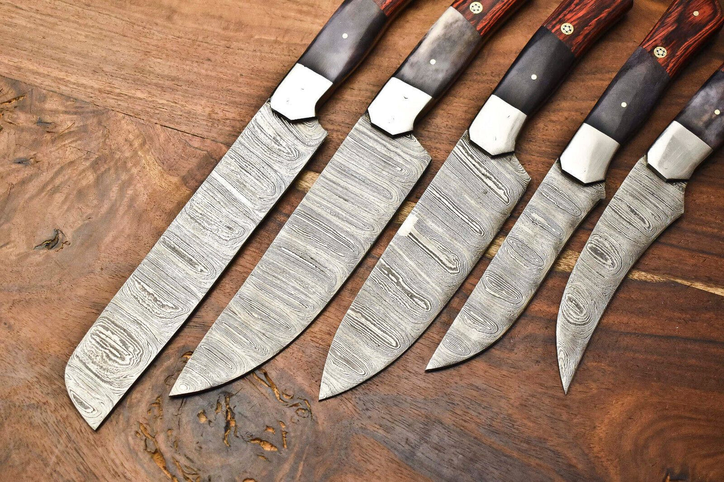 Lot Of 5 Custom Handmade Damascus Chef Knives Hammered Razor Sharp Set 2