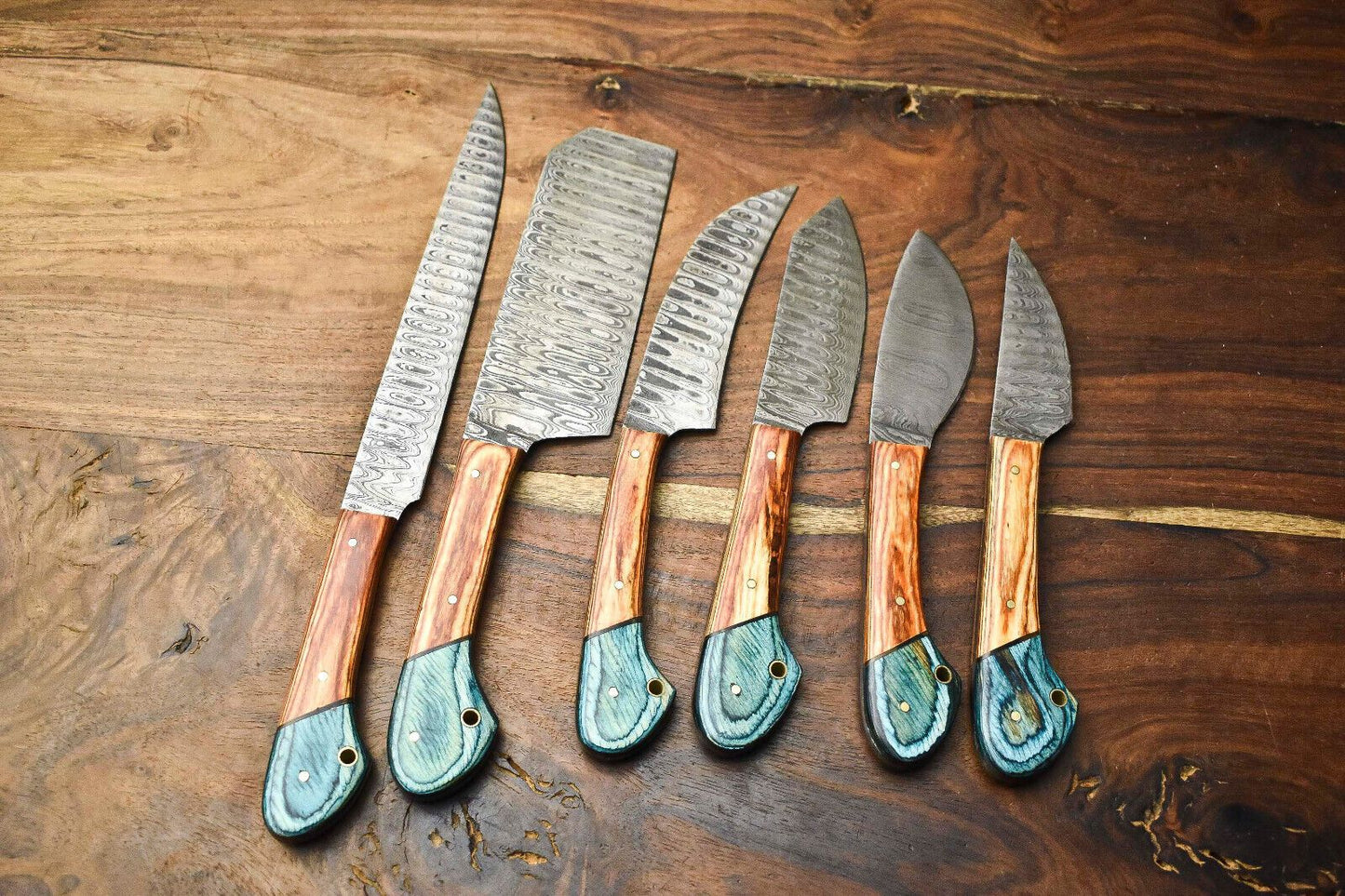 Lot Of 6 Handmade Damascus Steel Chef Knives Set Custom Hammered Full Tang Blades 1