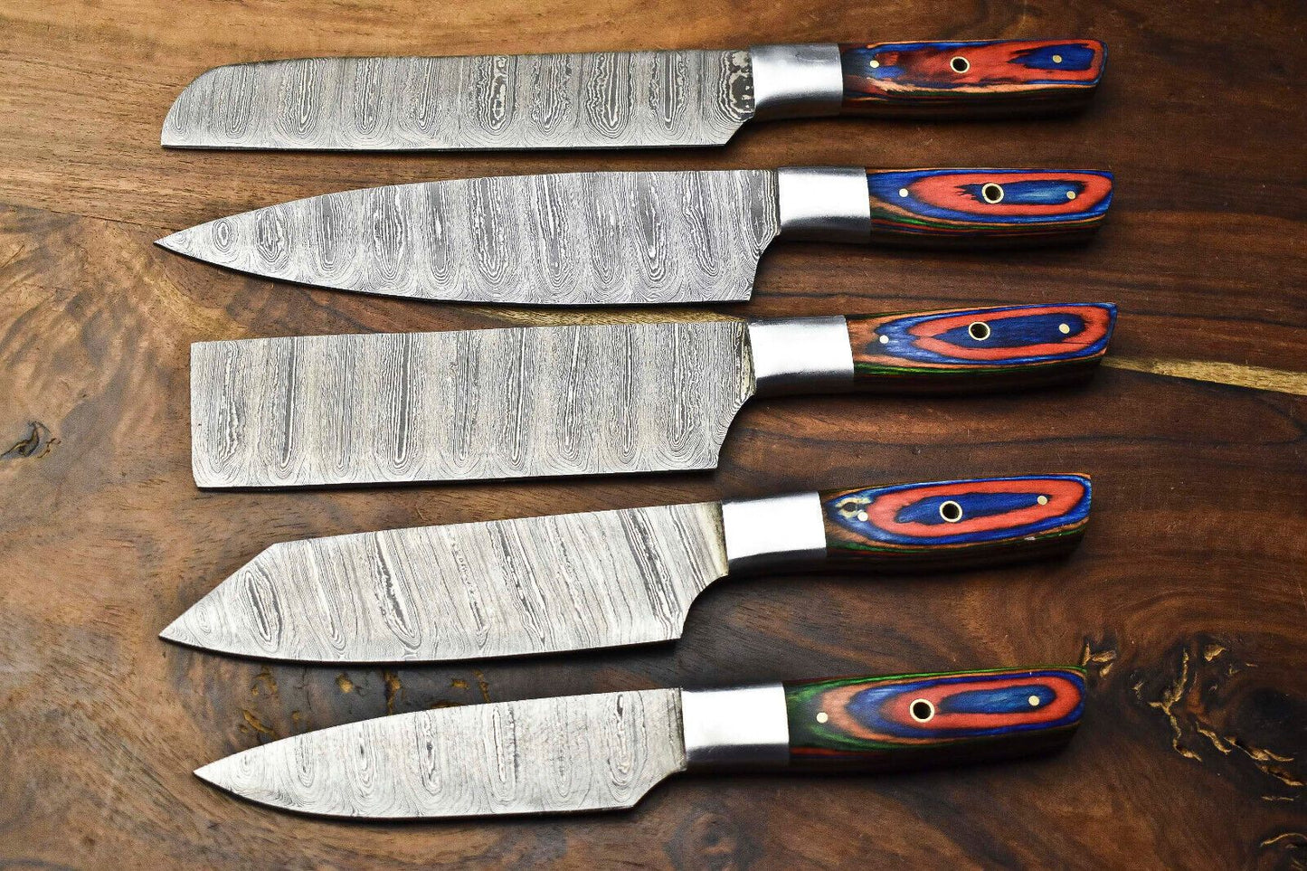 Custom Lot Of 5 Handmade Hammered Damascus Steel Blade Chef Knife Set Professional Handmade 3