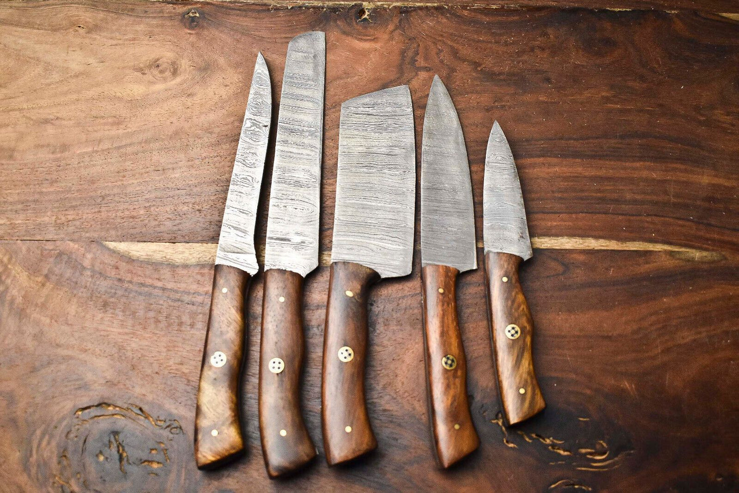 Custom Lot Of 5 Handmade Damascus Steel Chef Knives Hammered Full Tang Set 1