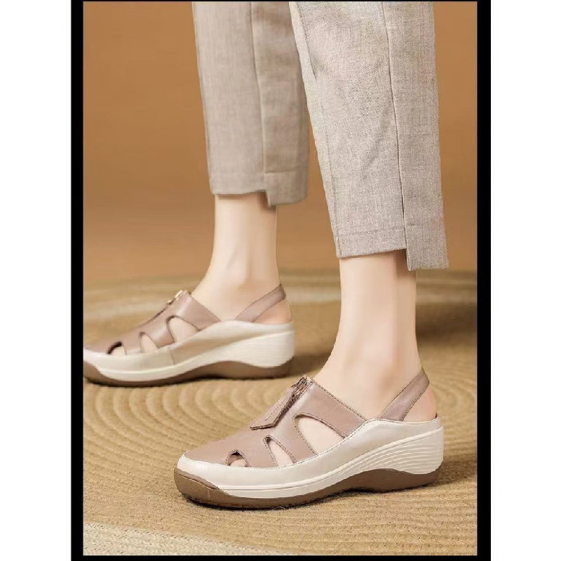 Womens Peep-Toe Wedge Sandals, New Genuine Leather Mom Shoes, Soft Sole, Hollow-Out, Breathable, Slip-Resistant Casual