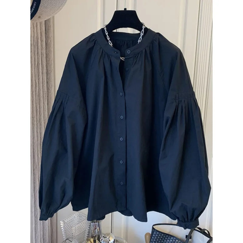 Chic Stand Collar Shirt, Women's Casual Loose Design Button Up Top with Retro Lantern Sleeves