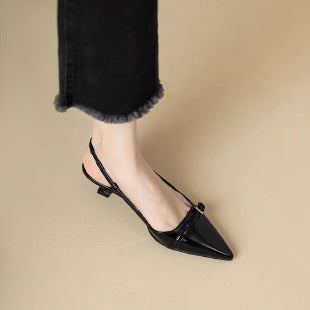 French Pointed Sandals in Burgundy Patent with Crisscross Straps, Metal Decor Slim Heel, and Open-Back Fairy Style
