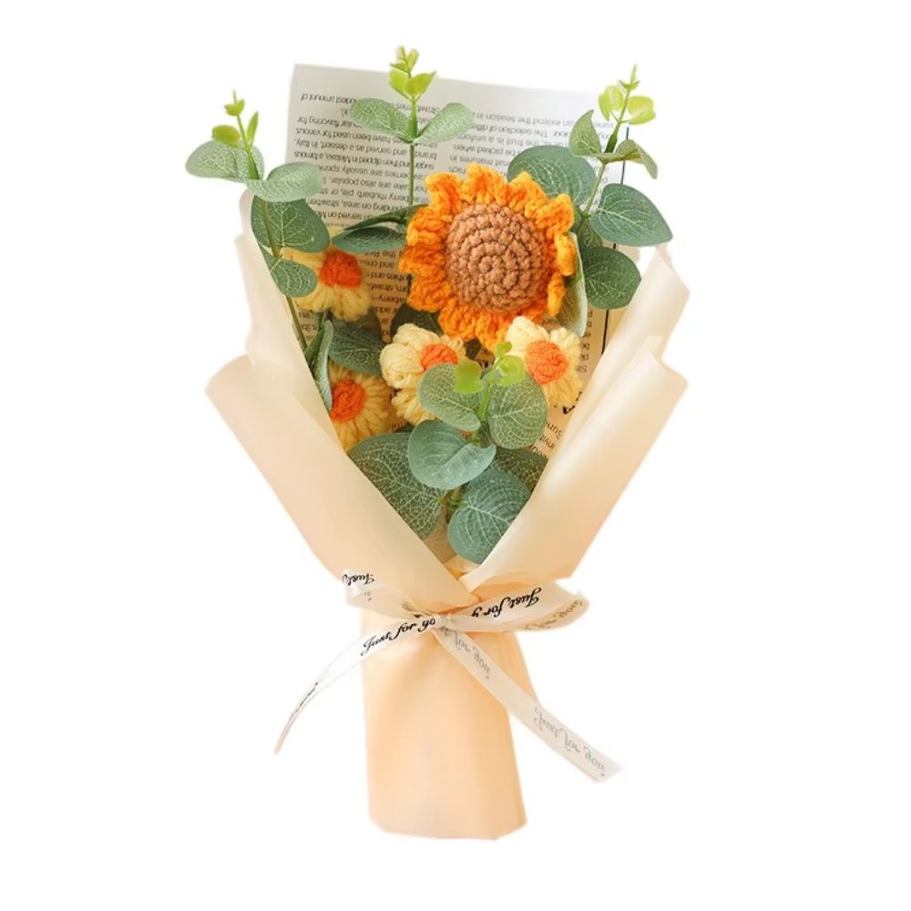 Handmade Crochet Flower Bouquet Artificial Flower Sunflower Daisy Arrangement For Anniversary Mot 11