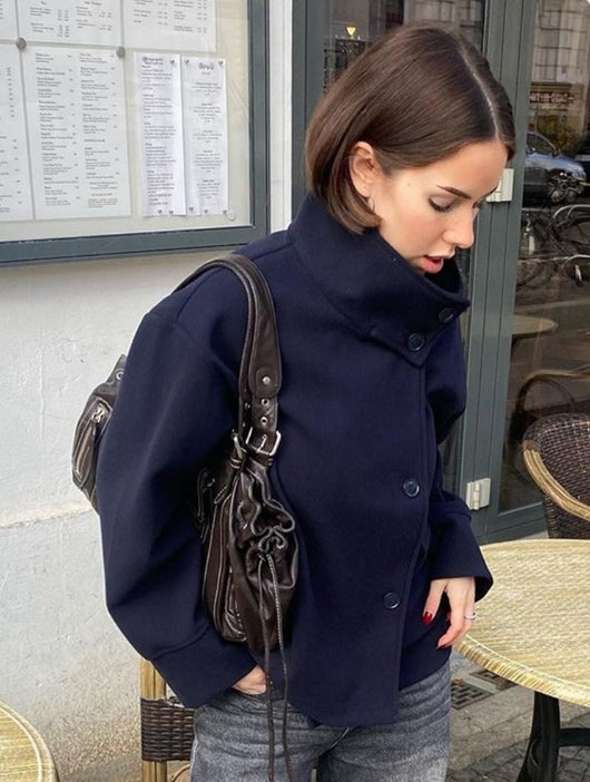 Elegant Womens Short Jacket, 2025 Autumn Stand Collar Coat, Single Breasted Outerwear for Office and High Street