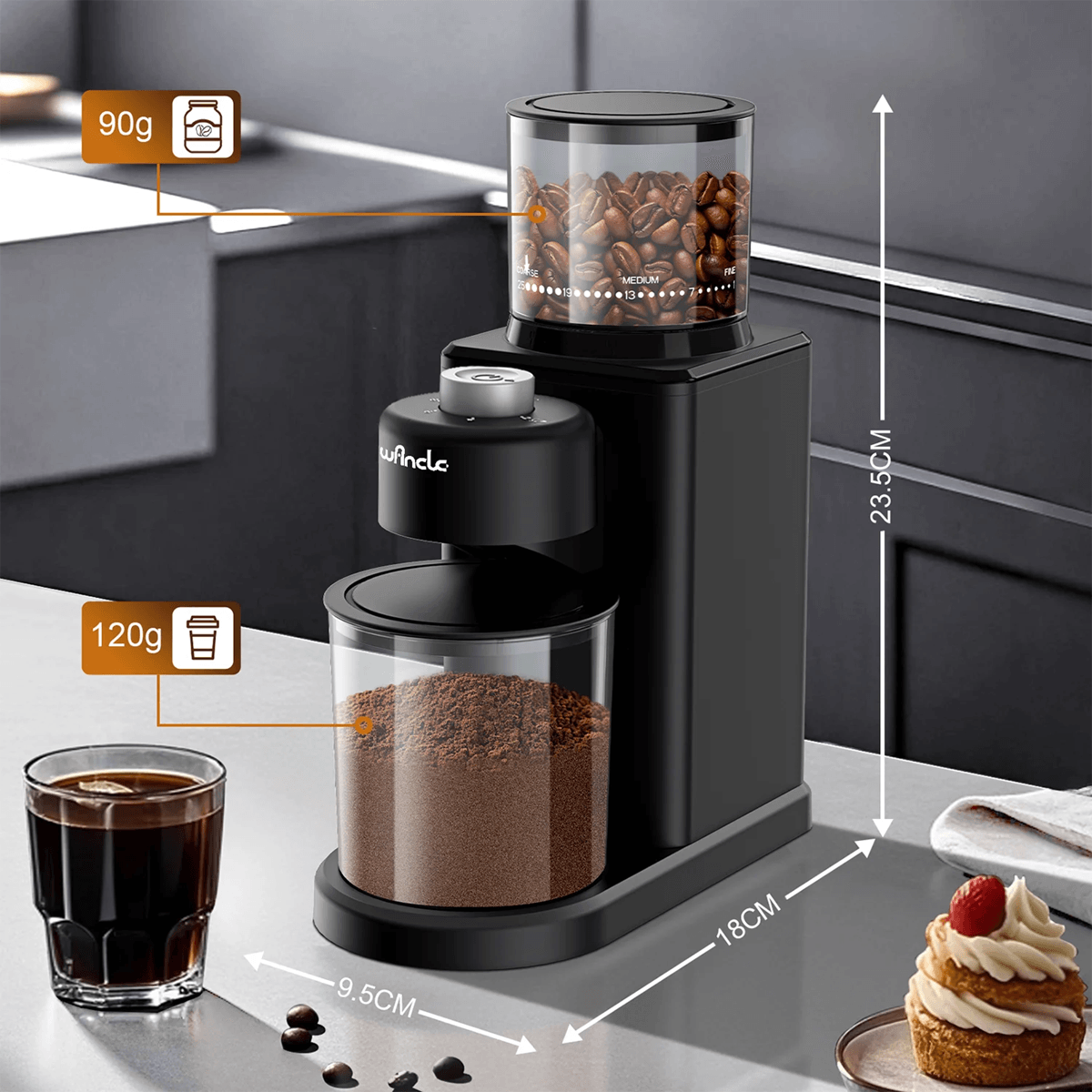 Automatic Electric Coffee Grinder Conical Burr With 25 Grind Settings And Powder Blower 4