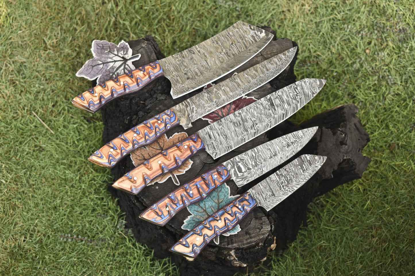 Custom Twist Damascus Chef Knife Set Lot Of 5 Handmade Hardwood Handle EDC Collectibles 2
