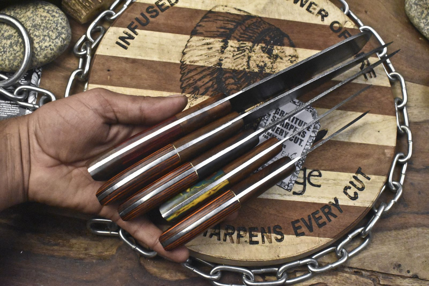 Lot Of 5 Unique Twist Damascus Steel Knives Hardwood Handle EDC Chef Set 1