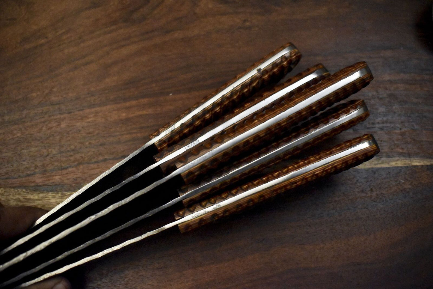 Lot Of 5 Twist Damascus Chef Knives Handmade Walnut Wood Brass Bolster 2