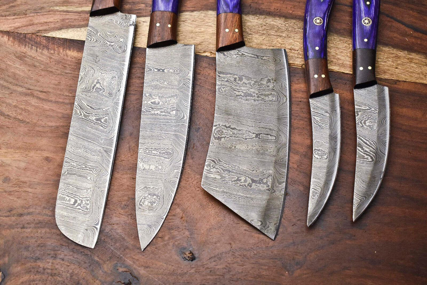 Traditional Damascus Chef Knives Walnut Handle Set Of 5 Collector 3