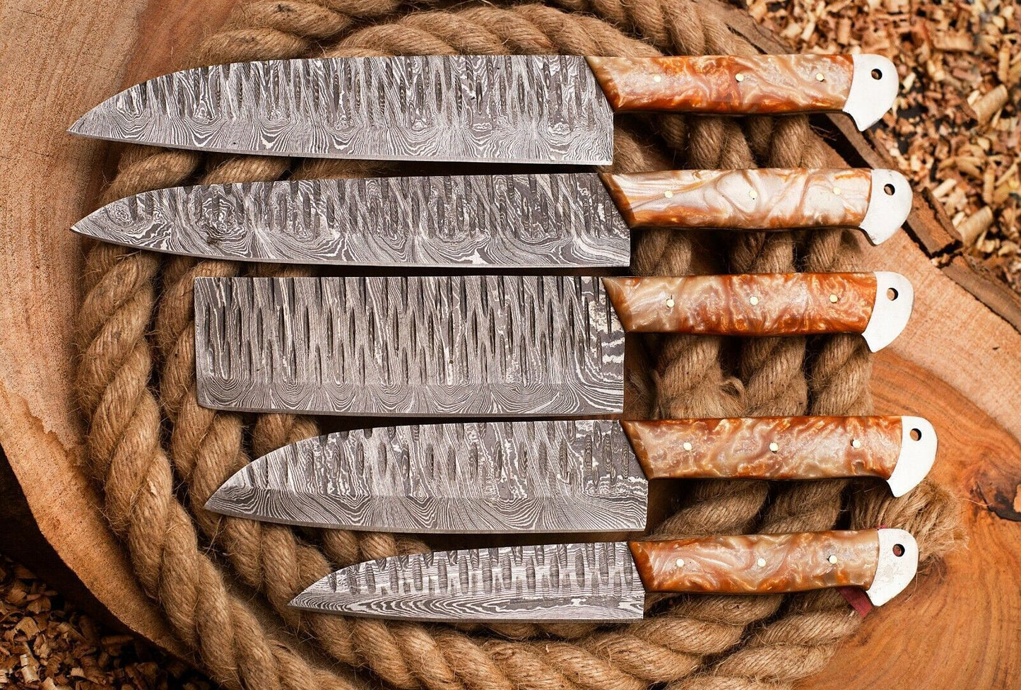Custom Handmade 5pcs Damascus Chef Knife Set Full Tang Kitchen Essentials 3