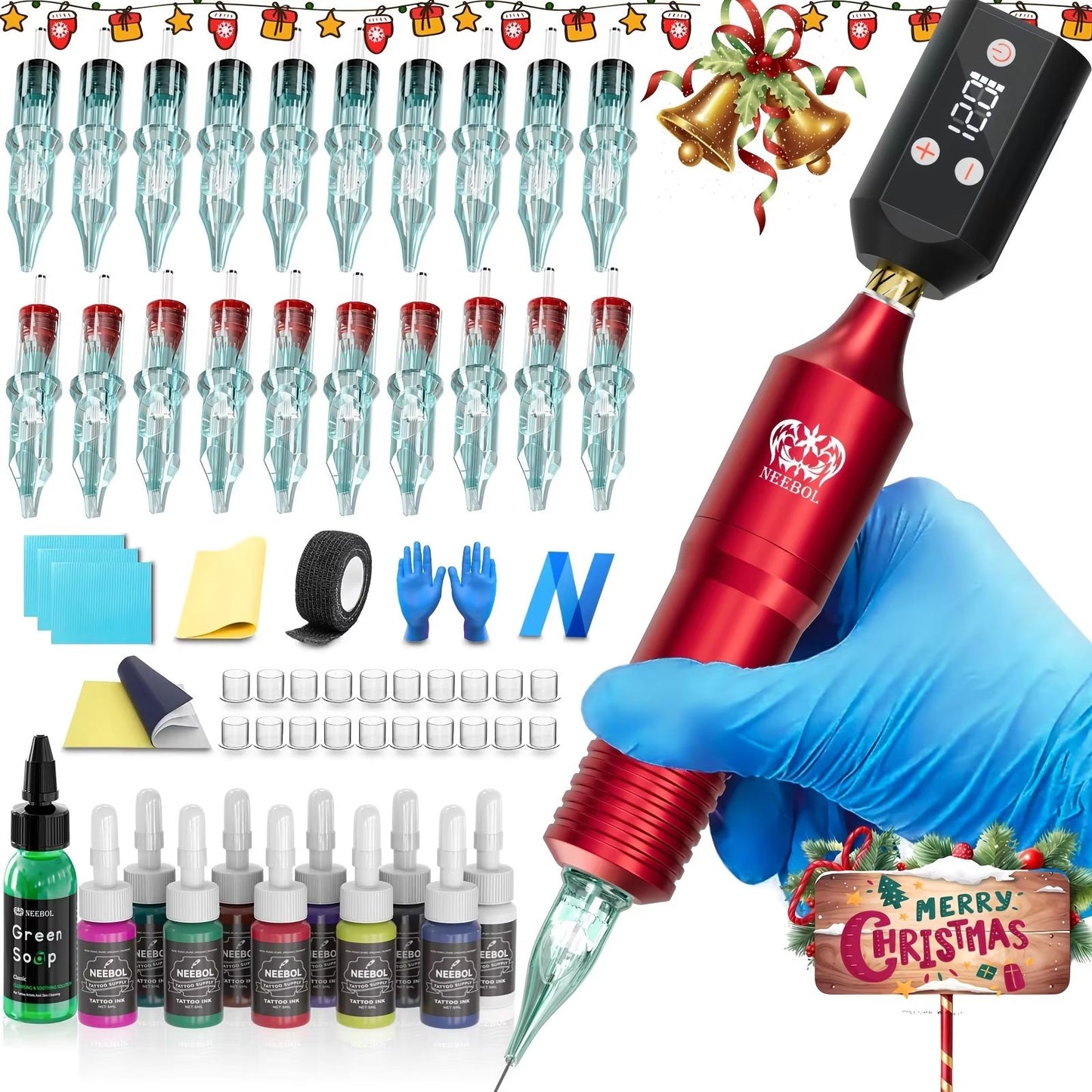 Neebol Wireless Tattoo Kit Complete Cordless Tattoo Pen With 1500mAh LED Power Supply For Beginner 7