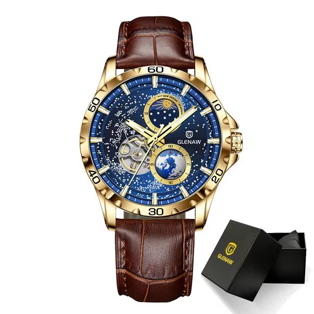 GLENAW Rotating Earth Automatic Mechanical Watch Double Second Hand Mens Luxury Wristwatch With St 10