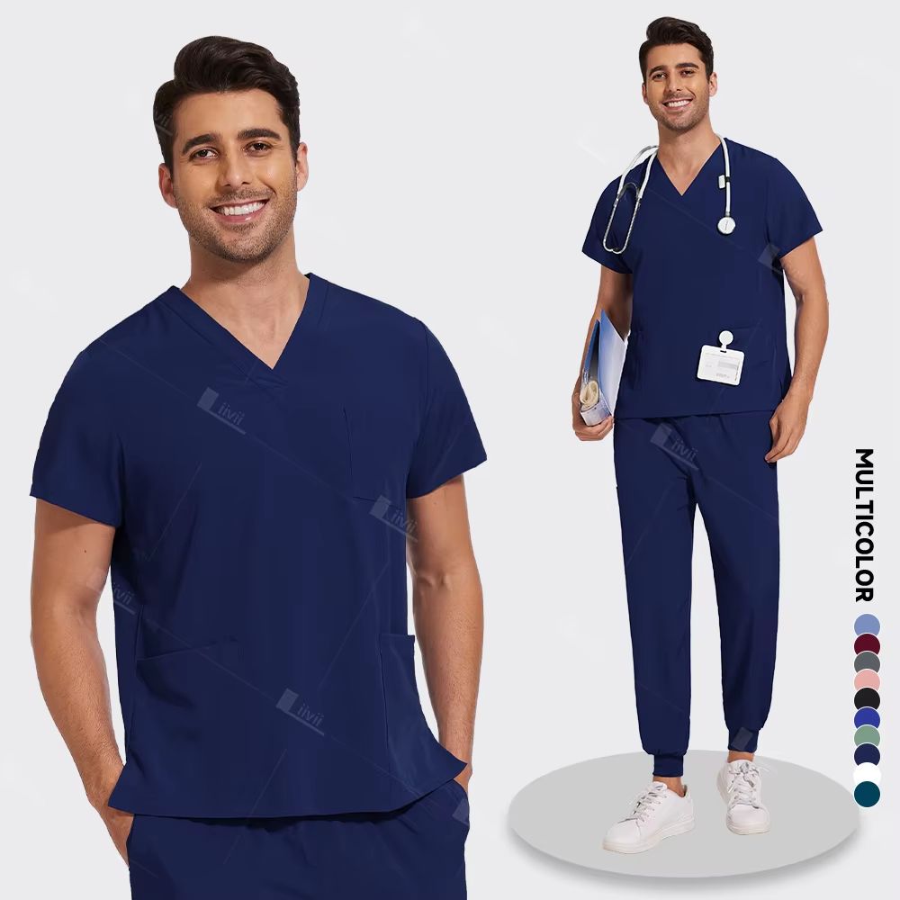 Lightweight Medical Scrub Set AntiWrinkle Nursing Uniform With Jogger Pants For Men Women 15