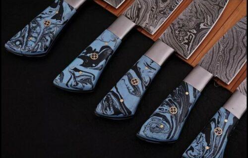 5 Pcs Custom Hand Forged Damascus Steel Chef Knife Set Resin Steel Bolster Handles Professional 1