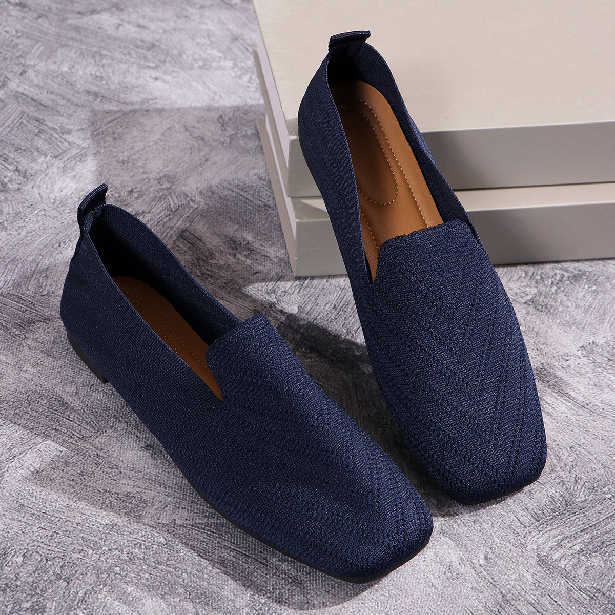 Womens Solid Color Square Toe Mesh Loafers Soft Bottom Knit Ballet Flats Shallow Slip On Casual Com 13
