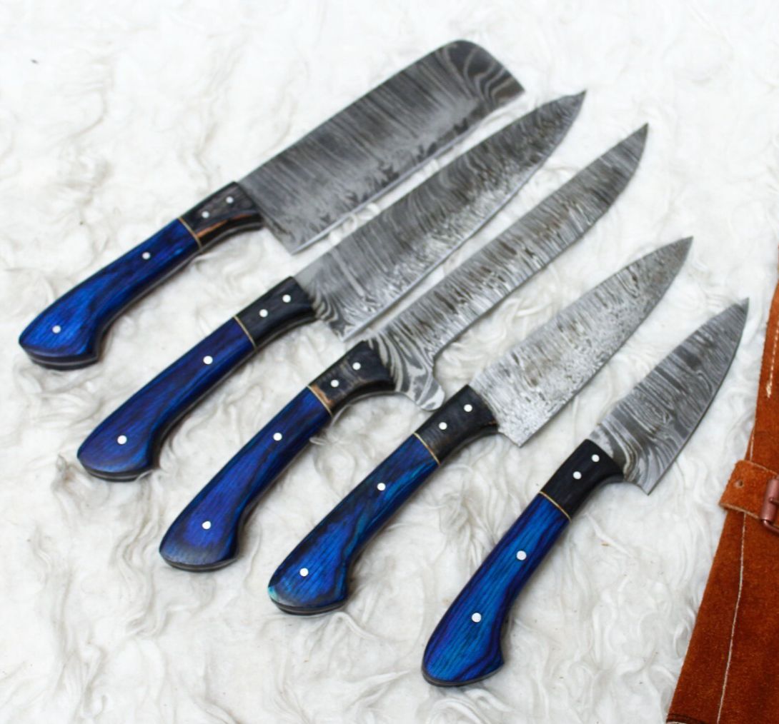 Premium Damascus Steel Kitchen Knife Set 5 Handmade Chef Knives With Leather Case 3