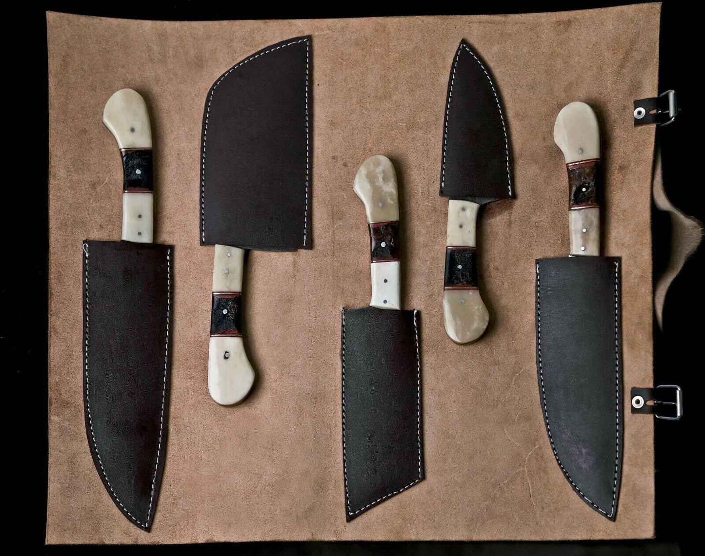 Custom Handmade Damascus Steel Chef Knife Set Of 5 Full Tang Hunting Knives With Leather Sheath 4