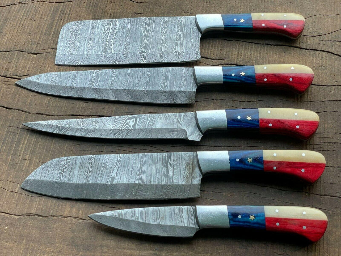 5Piece Handmade Damascus Steel Chef Knife Set Custom Kitchen Knives Forged Full Tang Blades 2