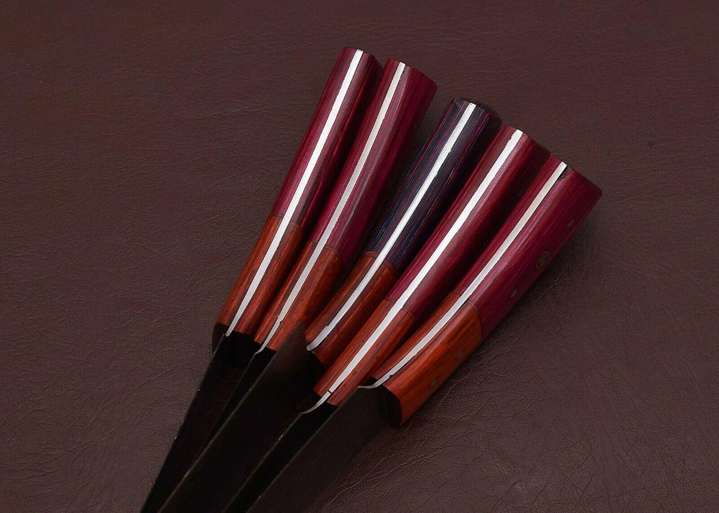 5Piece Handmade Damascus Steel Kitchen Knife Set Forged Chef Knives With Leather Sheath 3