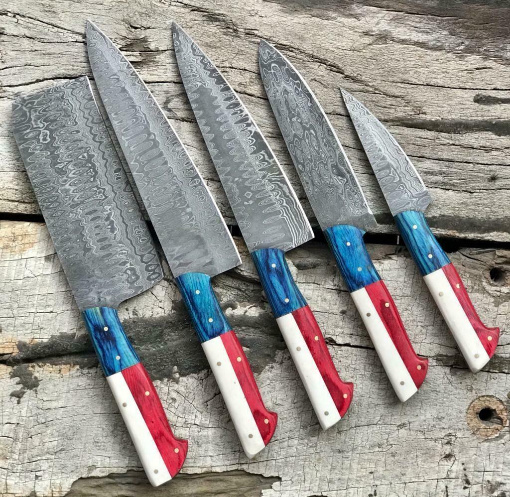 Handmade Damascus Chef Knives 5 Piece Set With Leather Sheath 3