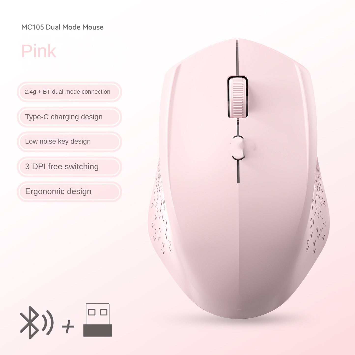 Dual-Mode Wireless Mouse, Bluetooth 5.2 Mouse, Silent Rechargeable Gaming Mouse, 1600DPI for Laptop Computer