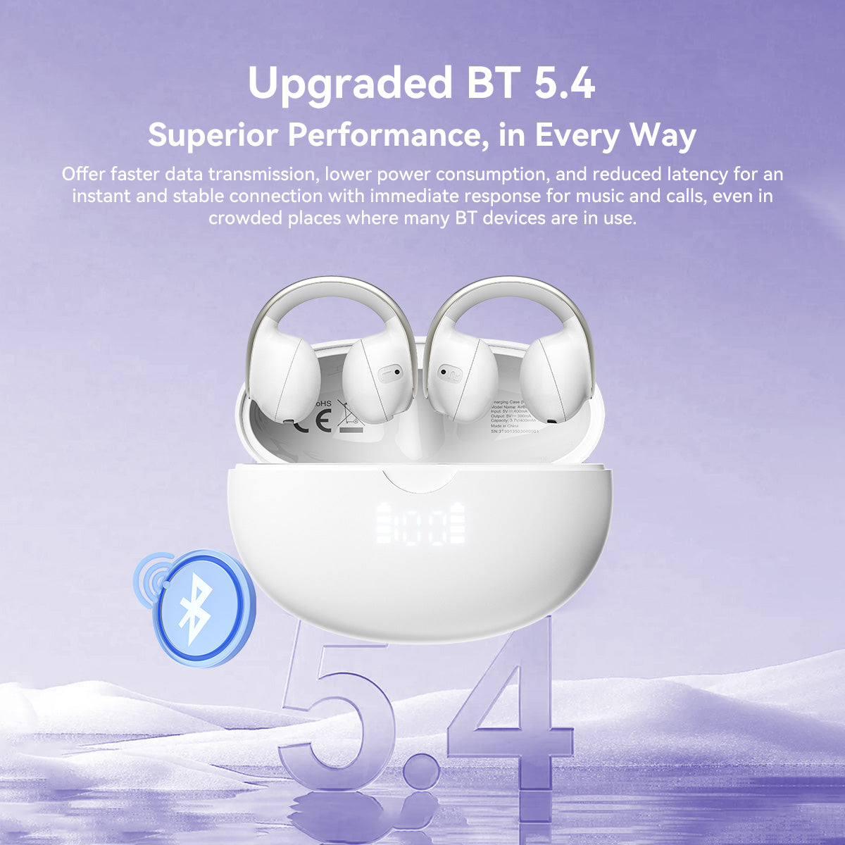 Bluetooth 5.4 Sports Earphones with Mic, Blackview AirBuds 13 OWS Ear Clip Headset, LED Display IPX7 Waterproof