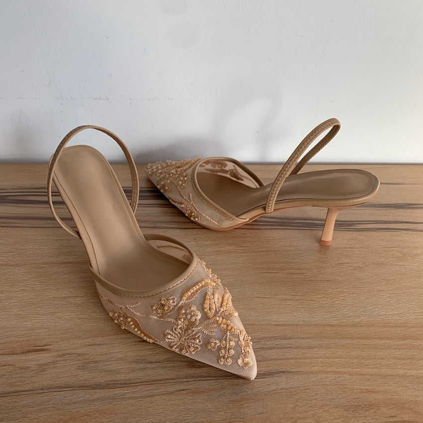 Mesh Embroidered Flowers High Heels Sandals Women Sexy Slingback Pointed Toe Pumps Summer Dress Sho 8