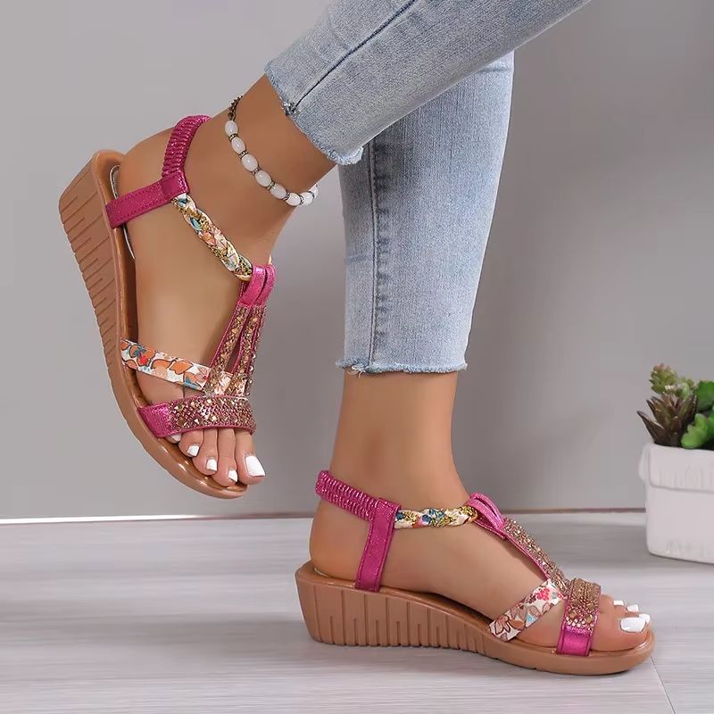 Womens Bohemian Wedge Sandals Rhinestone Platform Summer Sandals With Peep Toe Design 13