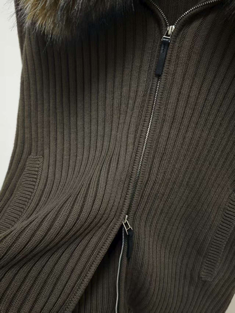 Women's Oversized Knit Jacket, Hooded Fur Collar, Military Green, Versatile Winter Sweater, 2025 New Style