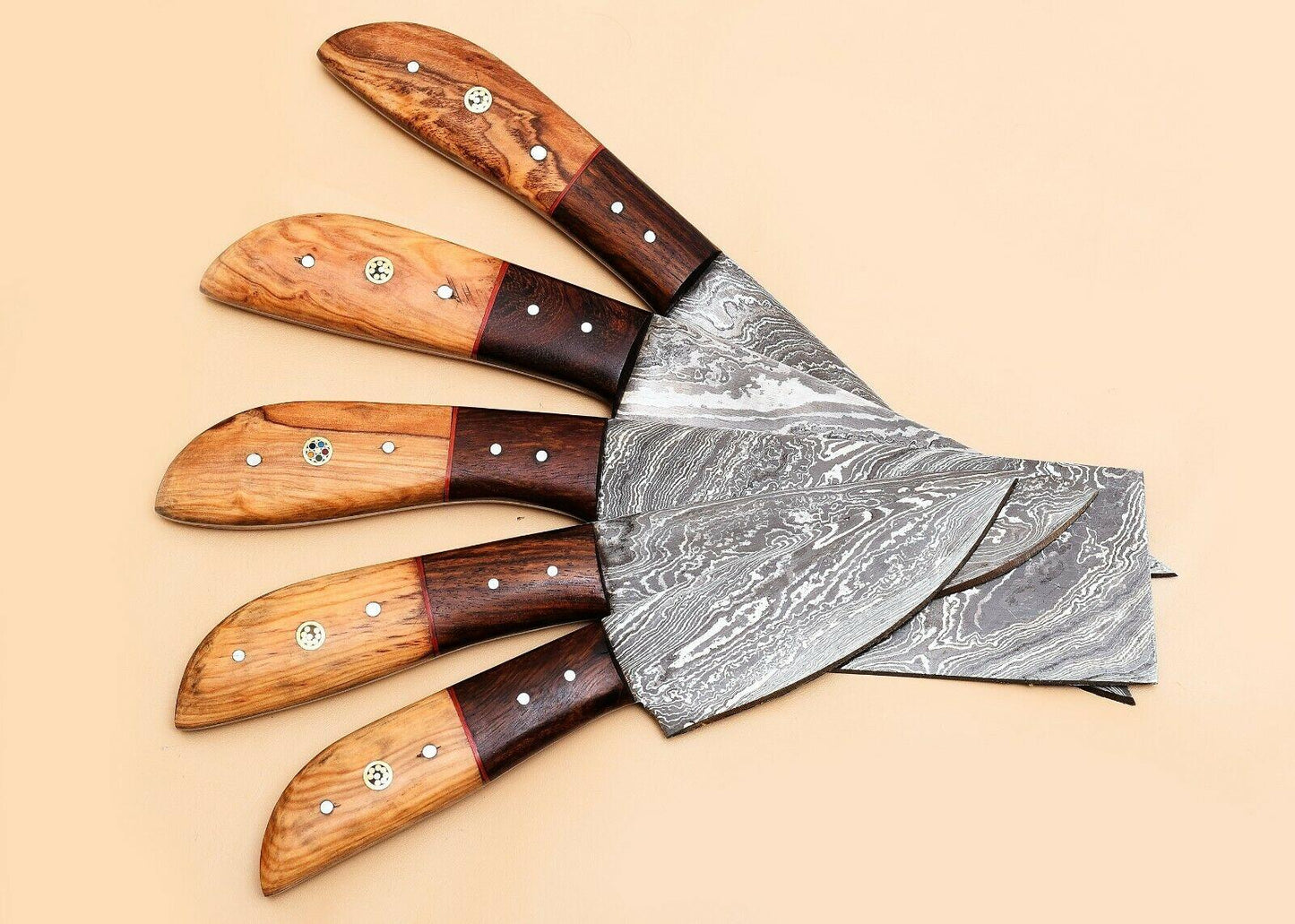 Unique Handmade Damascus Steel Kitchen Knives Set Of 5 With Pakka Wood 3
