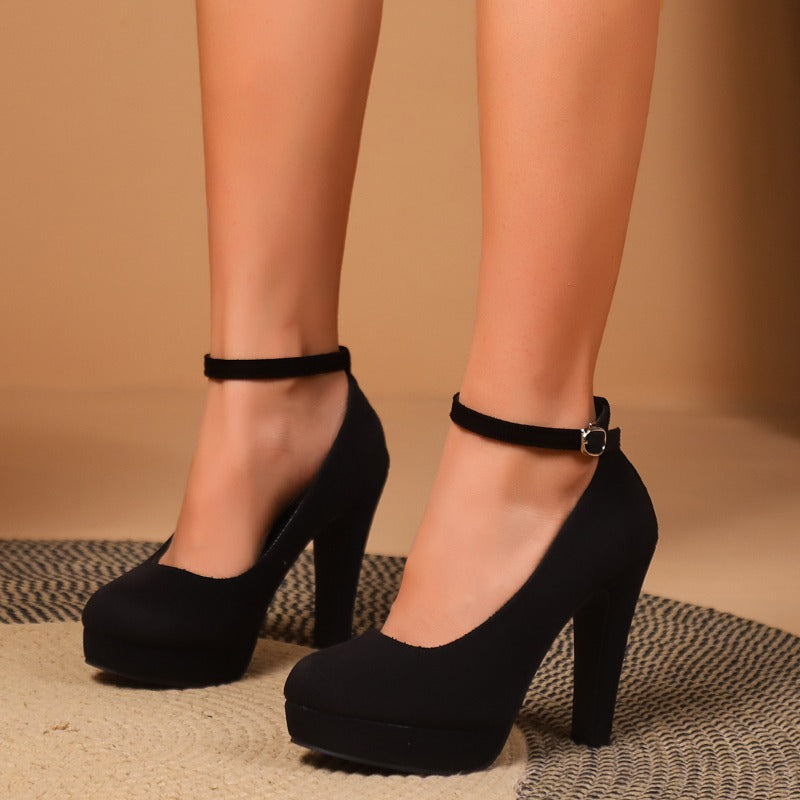 Sexy Super High Heels Shoes for Women, Black Flock Chunky Platform Pumps, Square Heel Ankle Buckle Party Shoes