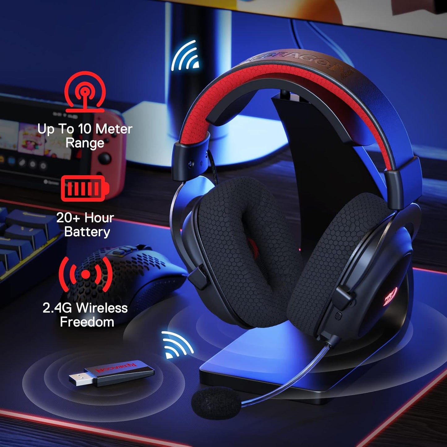Gaming Headset Redragon H510 PRO Zeus-X, RGB Wireless 7.1 Surround Sound, 53MM Audio Drivers, Multi Platforms