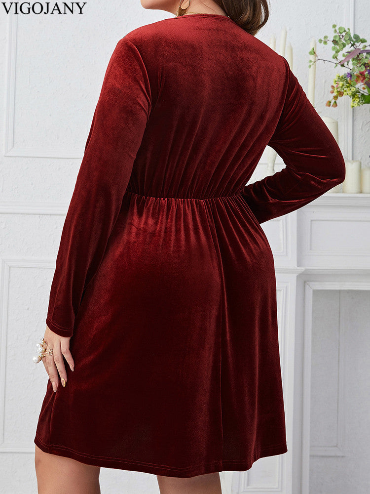 Elegant Red Velvet Dress, Plus Size, V Neck Long Sleeve, Curvy Dresses for Women, Autumn and Spring