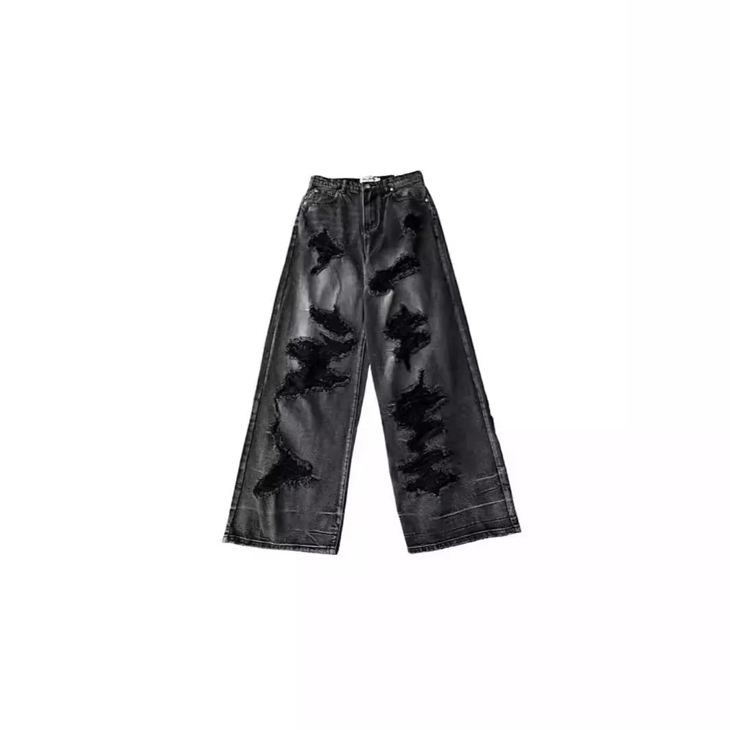 Unique Cool Ripped Jeans, Womens Summer Distressed American Style, Loose Fit Bell Bottoms, Versatile Straight Leg Long
