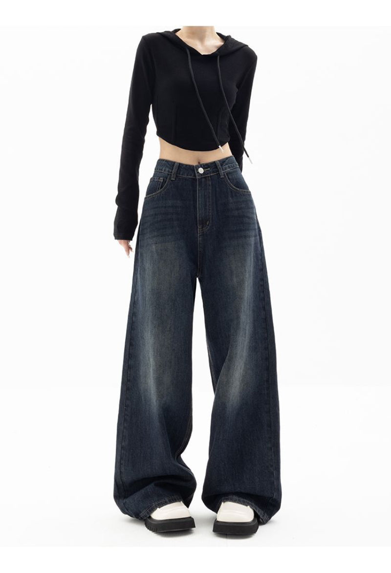 Retro Street Style Pants, High Waisted Wide Leg, Loose Fit Floor Length, Niche Design Slimming Jeans For Women