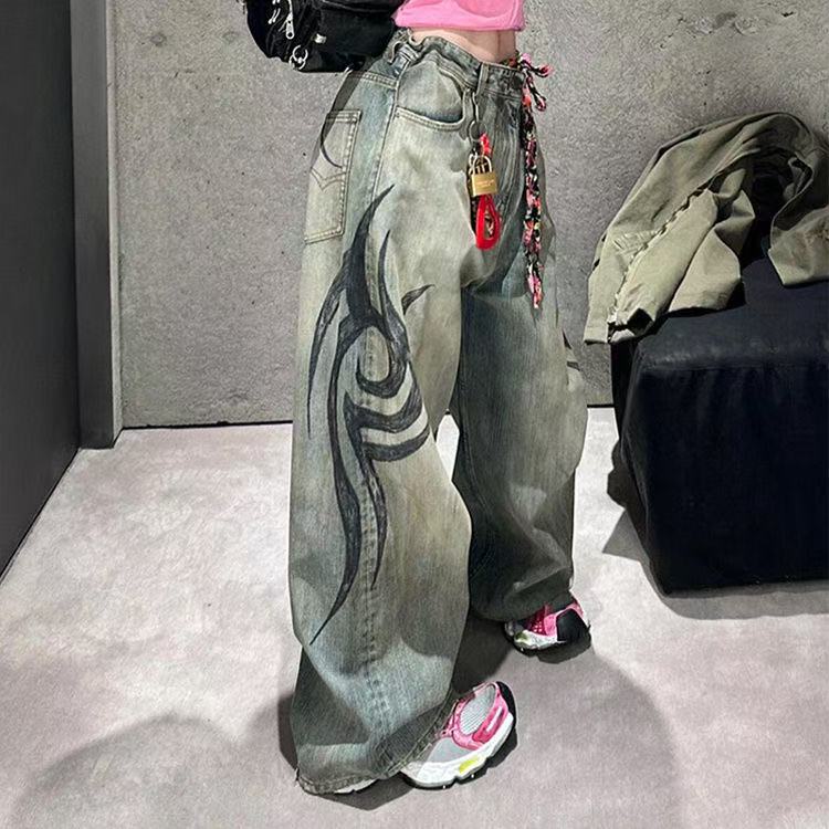 Street Retro Jeans for Women, Mottled Totem Print, Loose Fit Hip Hop Pants, American Straight Wide Leg Couple Jeans