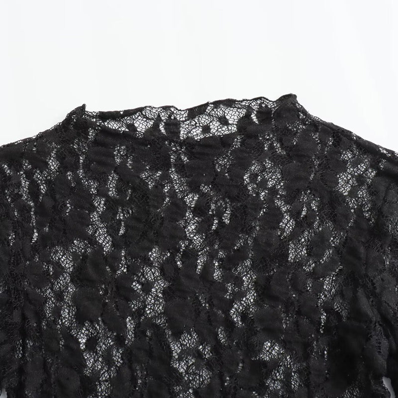 Sexy Black Lace Bodysuit For Women Chic Hollow Out Design Long Sleeves High Spandex Lingerie 4