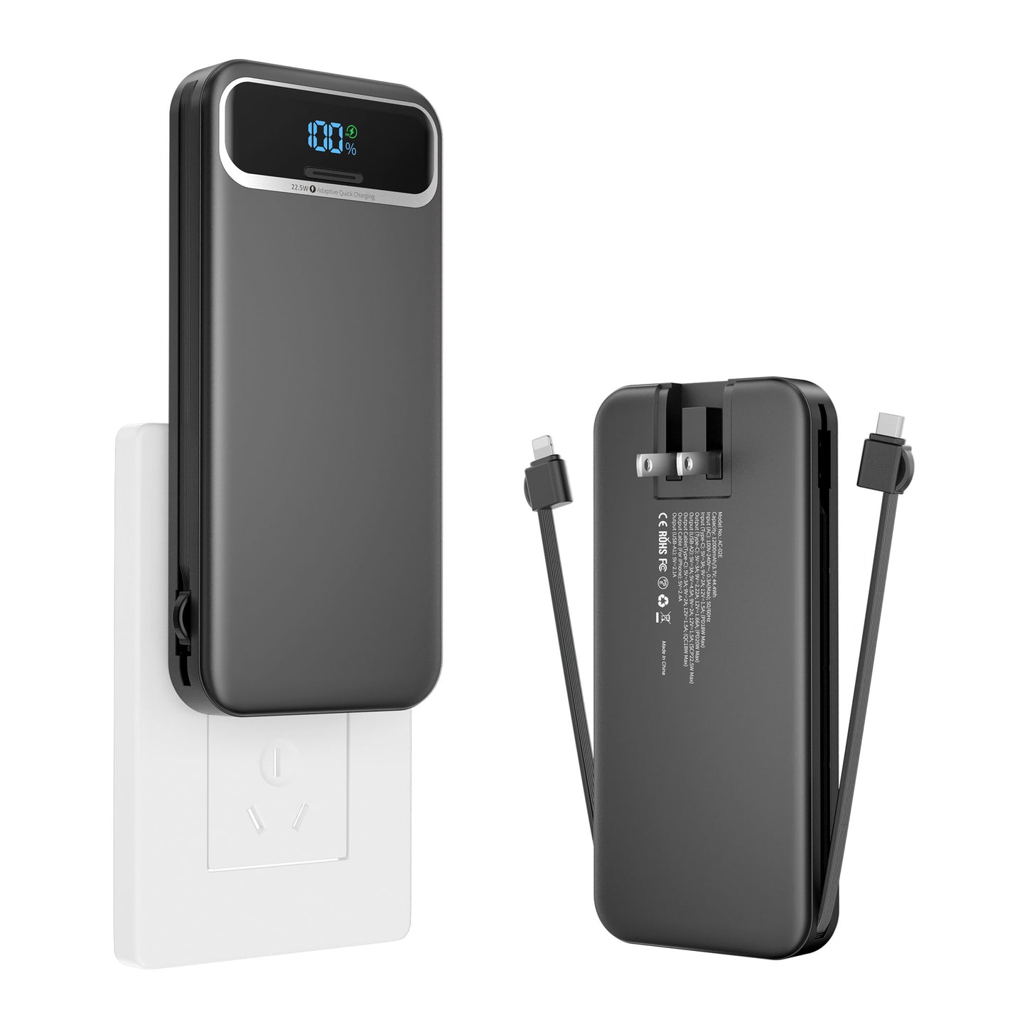 Power Bank, Built-in Cables, 20W Ultra Thin Fast Charging for iPhone, Samsung, Tablet, Travel Power Charger