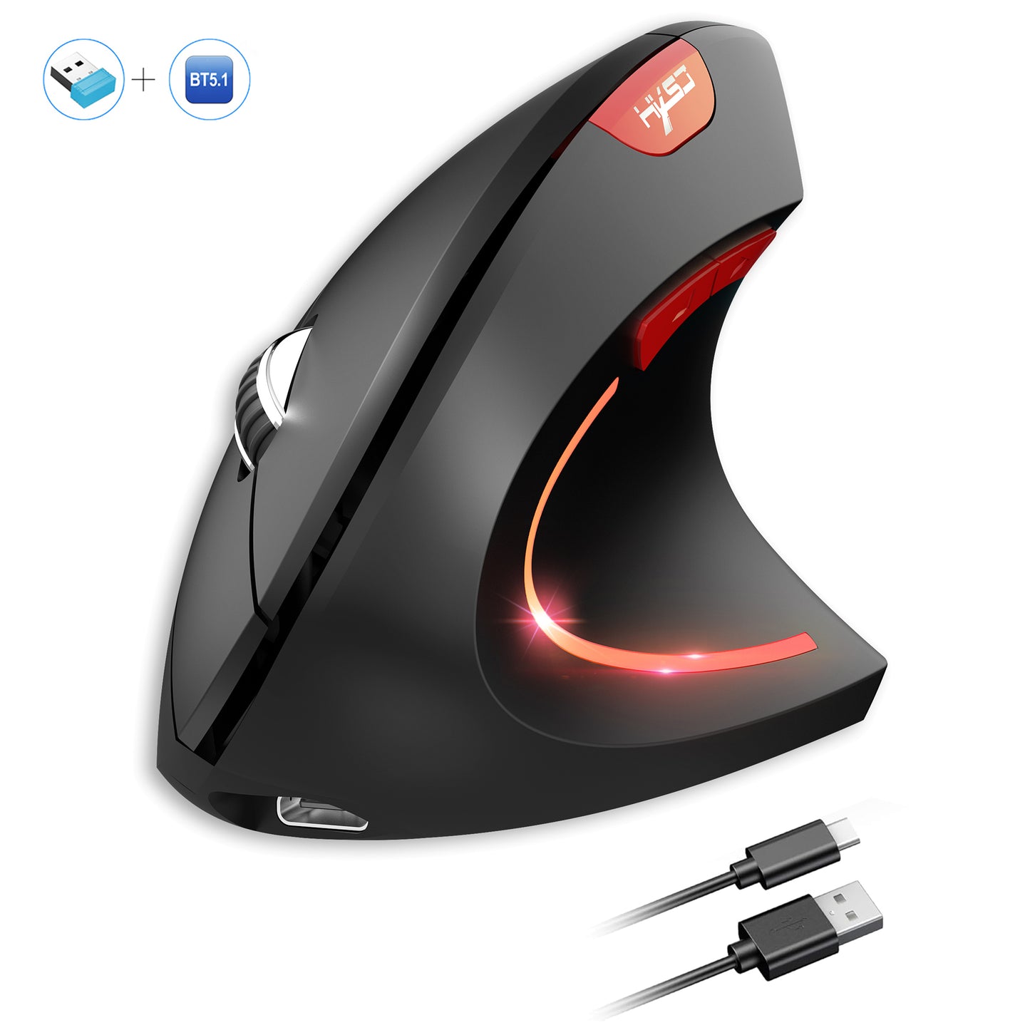 Dual Mode Vertical Mouse, Ergonomic Rechargeable ABS, Wireless Mouse for PC, Type-C Connect