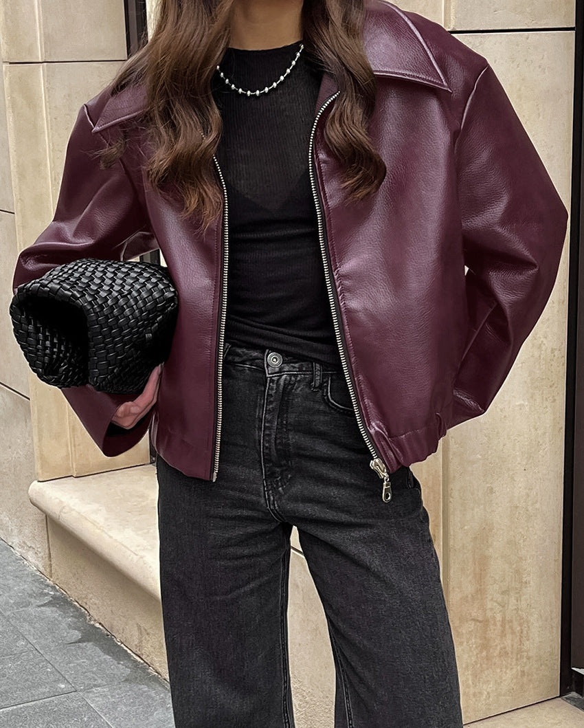 Retro Motorcycle Jacket for Women, Wine Red PU Leather, Autumn Fashion, Matte Finish