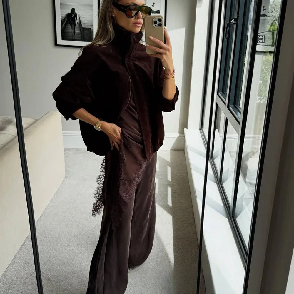 Womens Streetwear Suede Jacket Chic Brown Bomber Coat Long Sleeve Zipper Casual Elegant Outwear Fal 1