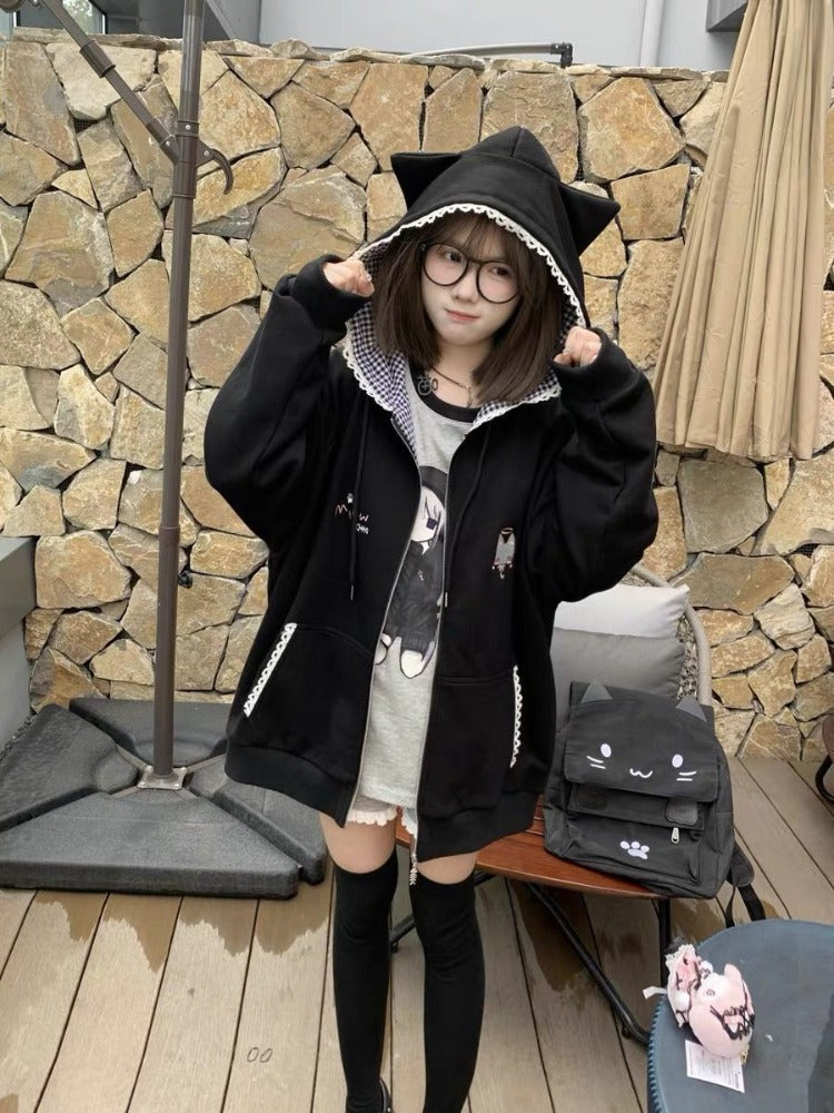 Cute Cat Ear Hooded Jacket Women Y2k Black Plaid Coat Autumn Loose Fit Zipper Top Mujer Fashion 4