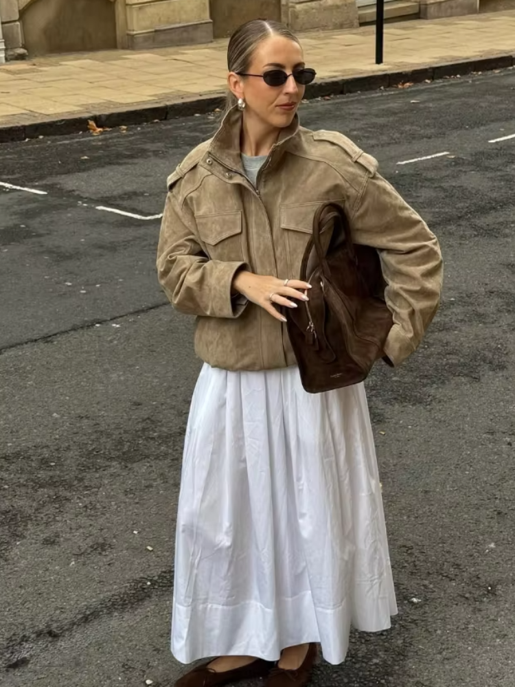 Vintage High Street Tops, Fashion Loose Khaki Suede Jacket Women, Lapel Zipper Long Sleeve Pockets Coat, Spring Autumn