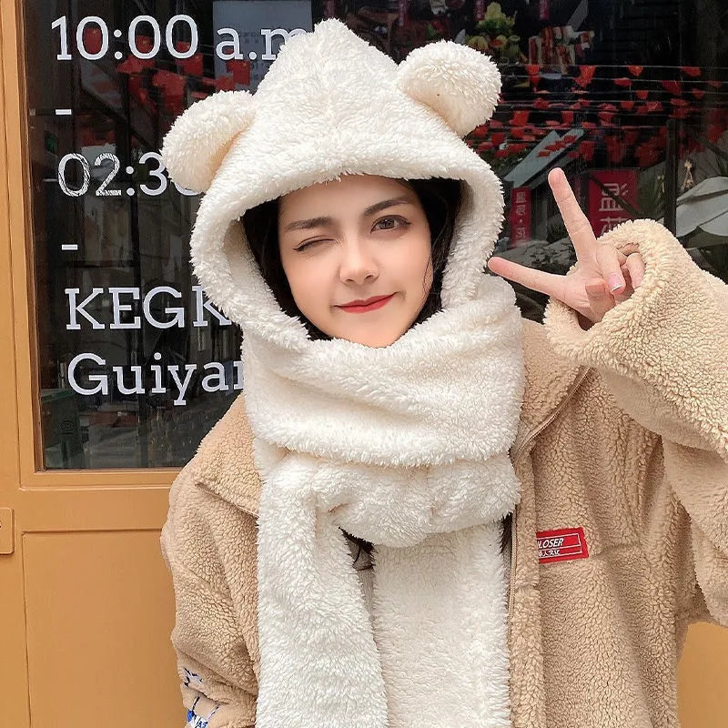 Women Winter Warm Bear Ear Hat, Casual Plush Beanies Cap Set, Fashion Cotton Velvet Hat Scarf for Cold Weather