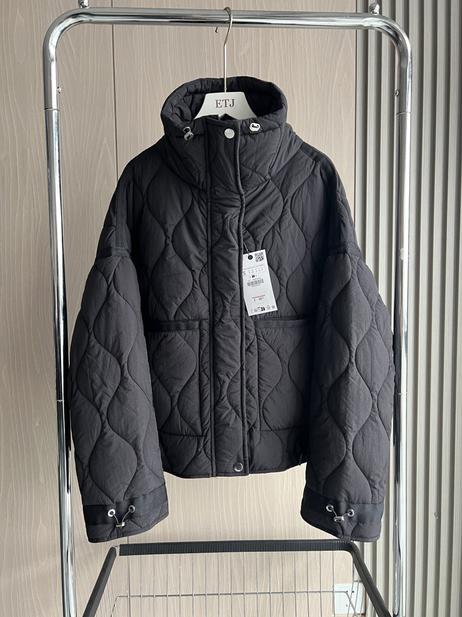 Quilted Jacket For Women Beige Cotton Coat With Drawstring Ties High Neck Pocket Clip 5
