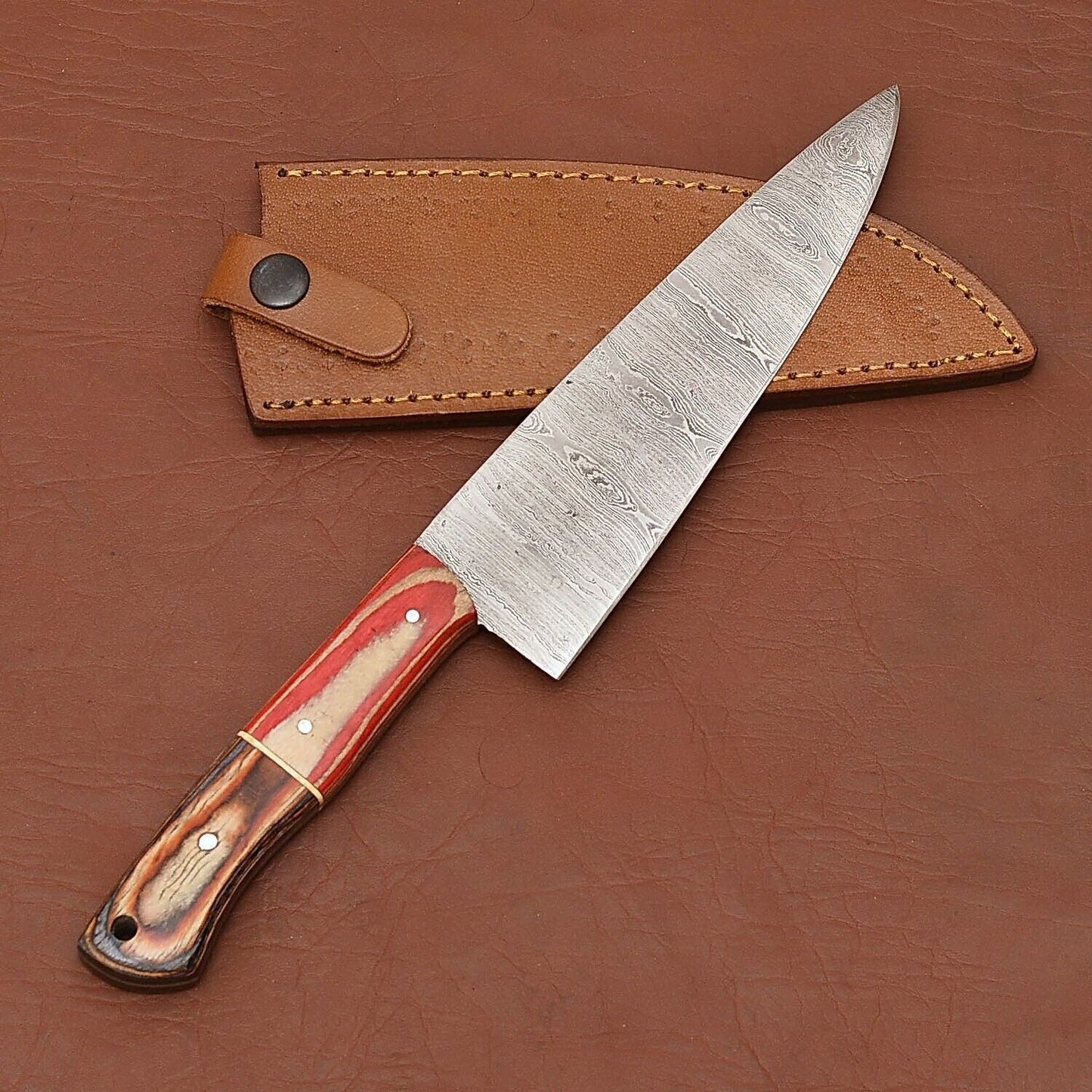 Custom Handmade Damascus Chef Fillet Knife 7 Inch Blade With Leather Sheath 3