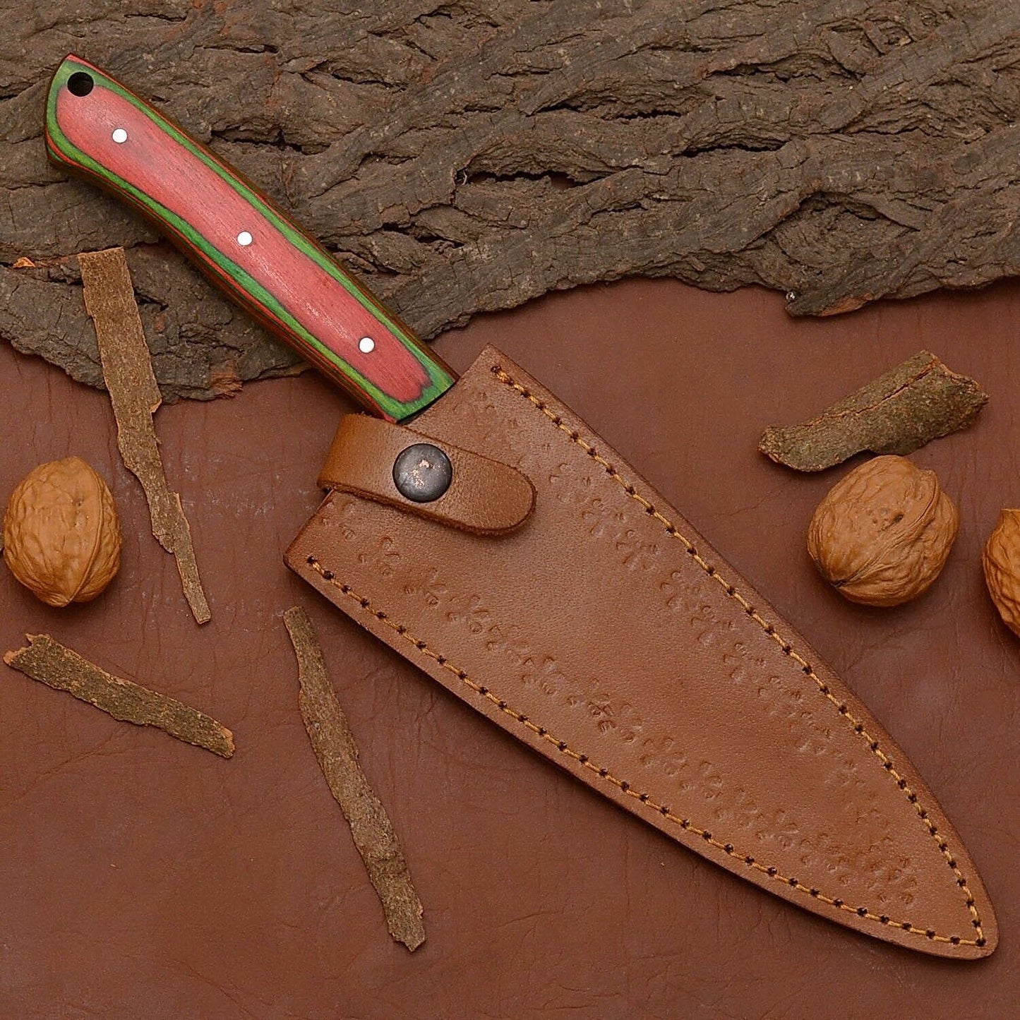 Custom Handmade Damascus Steel Chef Kitchen Knife With Wooden Handle Leather Sheath 12 Full Tang 3